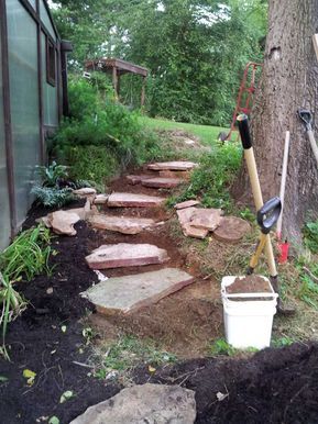 Flagstone Steps, Stepping Stone Pathway, Landscape Stairs, Rustic Landscaping, Black Walnut Tree, Sloped Backyard, Stone Steps, Garden Stairs, Hillside Landscaping