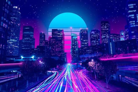 Neon City Wallpaper, Los Angeles Poster, Purple City, Neon City, Purple Neon, Beautiful Night Images, Angel Wallpaper, Los Angeles Art, New Retro Wave