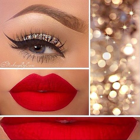 Festive Christmas Makeup Ideas Silver Eyeshadow Red Lips, Christmas Bridal Makeup, Holiday Glam Makeup Christmas, Christmas Party Makeup Classy, Maquillage Kylie Jenner, Holiday Glam Makeup, Maquillage Yeux Cut Crease, Makeup Cantik, Gene False