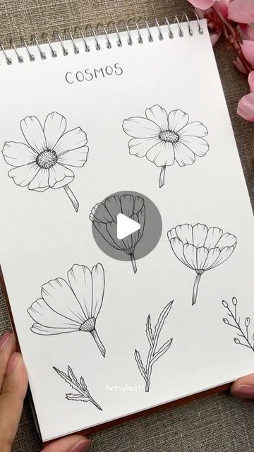 Draw Cosmos, How To Draw A Flower, Learn To Doodle, Doodles Mandala, Doodle Practice, Simple Watercolor Flowers, Free Doodles, Doodle Flowers, Drawing Desk