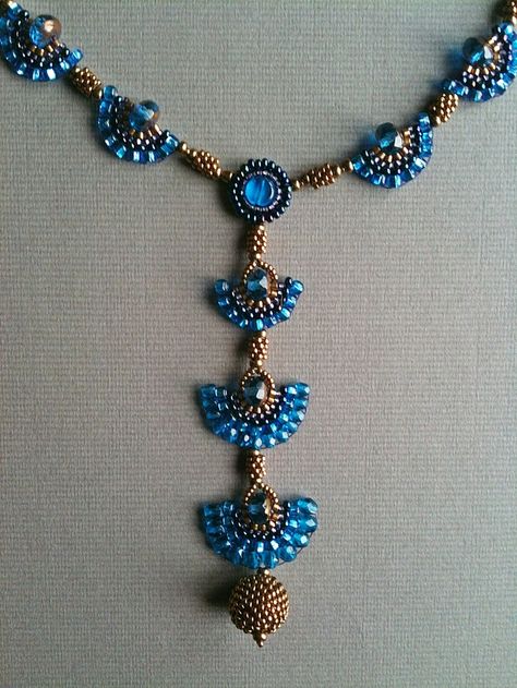 Blue And Bronze, Necklace With Beads, Fan Necklace, Beadwork Necklace, Beaded Beads, Necklace Patterns, Bead Work Jewelry, Bronze Gold, Capri Blue