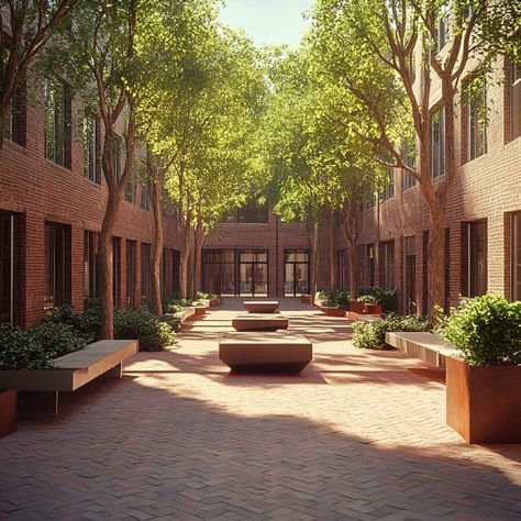 Brick courtyard surrounded by buildings, featuring a herringbone-patterned brick floor and lined with trees and planters. The warm tones of the brick contrast beautifully with the greenery, while benches and seating areas create a functional outdoor space. This design showcases the versatility of brick as a durable and aesthetic material for landscaping, perfect for urban and architectural projects that aim to integrate nature with built environments. Old Brick Building Renovation, Brick Building Renovation, Old Brick Building, Building Materials Architecture, Urban Landscaping, Brick Courtyard, Brick Floor, Aesthetic Material, Small Building