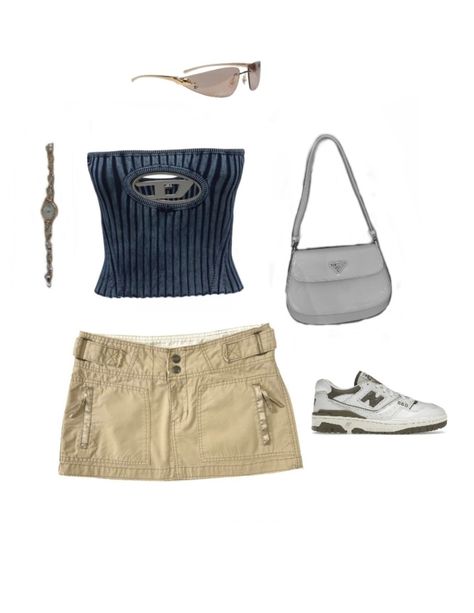 Diesel Tube Top, Cargo Skirt Outfit, Sweet 16 Outfits, Prada Purse, Tube Top Outfits, Diesel Clothing, Outfit Polyvore, Outfits 2000s, Cartier Sunglasses