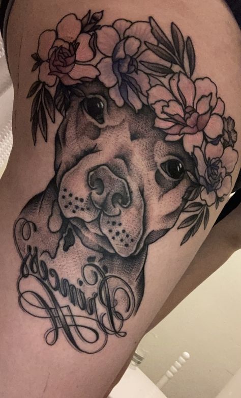 Pitbull Tattoos, Dog Tattoo Ideas Pitbulls, Staffy Tattoos, Pit Bull Tattoo, Pitbull Tattoo Ideas, Pitbull Flower Tattoo, Pitbull Tattoo For Women, Pitbull Tattoo For Women Sleeve, Pitbull With Flowers Tattoo