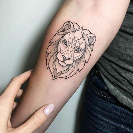 Top 21+ Geometric Lion Tattoo Designs Lion Arm Tattoo, Infected Tattoo, Geometric Lion Tattoo, Face Tattoos For Women, Geometric Lion, Leo Tattoos, Lion Tattoo Design, Elephant Tattoos, Wolf Tattoos