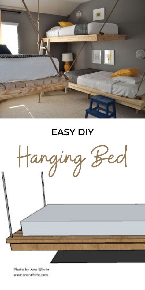 Hanging Bed Diy, King Bed Ideas, Bunkbed Ideas, Table Headboard, Daybed Diy, Diy Woodworking Bench, Diy Bunk Beds, Plank Furniture, Bedrooms For Teens