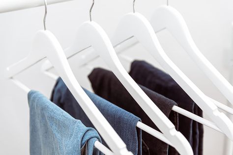 They’ll save you so much room in your closet. Wardrobe Hanger, Jean Organization, Narrow Closet, Folding Jeans, Trouser Hangers, Kids Hangers, Creative Storage Solutions, Hanger Clips, Pant Hangers