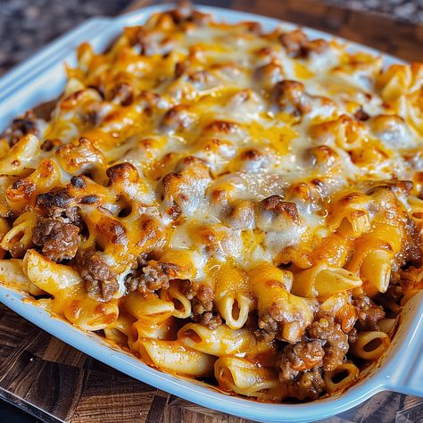 Quick and easy 4-ingredient hamburger casserole, perfect for a family-friendly dinner. Ready in just 45 minutes! Hamburger Spaghetti Casserole, Hamburger Casseroles Easy, Mac And Cheese Casserole With Meat, Easy Dinner With Hamburger Meat, Hamburger Recipes Casserole, Quick And Easy Ground Beef Recipes, Hamburger Meat Dinner Ideas, Quick And Easy Dinner Recipes With Ground Beef, 4 Ingredient Hamburger Casserole