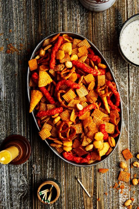 This Flamin' Hot Cheetos Chex Mix Is Devilishly Spicy Chex Mix Recipes Spicy, Spicy Chex Mix, Chex Party Mix Recipe, Spicy Pretzels, Chex Mix Recipe, Hot Snacks, Jelly Cookies, Halloween Snack, Hot Cheetos