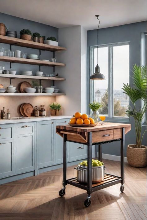 Charming kitchen cart with butcher block in rental kitchen Chic Apartment Kitchen, Butcher Block Kitchen Cart, Carts On Wheels, Apartment Kitchen Decorating, Kitchen Carts On Wheels, Decorate Your Apartment, Wood Restoration, Kitchen Carts, Rolling Kitchen Cart