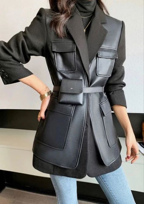 The dig: This is such a cute trendy jacket and who doesn’t love balck! Link below Designer Leather Jackets, Slim Fit Jackets, Leather Patchwork, Patchwork Jacket, Clothing Catalog, Looks Chic, Leather Blazer, Women Leather, Maxi Dress With Sleeves