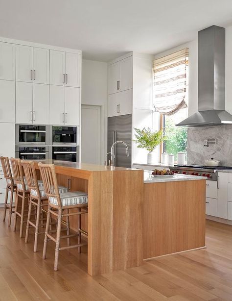 Waterfall Breakfast Bar, Wooden Waterfall, European White Oak Floors, Light Gray Cabinets, Grey Kitchen Island, Rattan Stool, Light Wood Cabinets, Turtle Creek, Wooden Floating Shelves