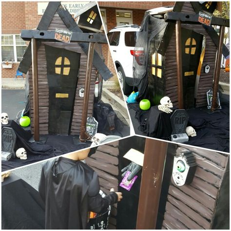 Trunk or Treat Haunted House with doorbell and mailslot for the butler to give candy :) Trunk Or Treat Haunted House, Camping Trunk Or Treat, Trunk Or Treat Truck, Halloween Parade Float, Trunker Treat Ideas, Halloween Camping, Haunted House Decorations, All Things Fall, Mail Slot