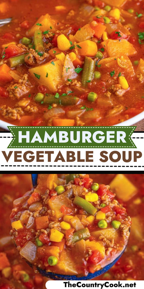 Hamburger Vegetable Soup is a hearty, comforting soup made with pantry staples, frozen veggies and ground beef- ready in less than an hour! Healthy Beef Vegetable Soup Crock Pot, Vegetable Soup With Ground Beef Instapot, Vegetable Ground Turkey Soup, Frozen Veggie Soup Recipes, Slow Cook Vegetable Soup, Quick And Easy Veggie Soup, Busy Day Soup Instant Pot, Grandmas Vegetable Soup, Homemade Vegetable Soup Crockpot