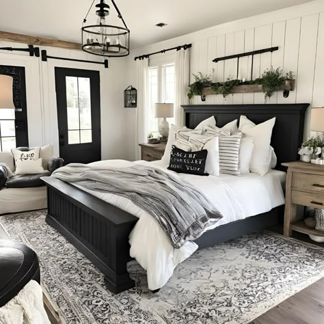 Farmhouse Bedroom Ideas for a Stylish Makeover Bedroom Ideas For Farmhouse, Guest Room Modern Farmhouse, Black Farmhouse Furniture Bedroom, White And Black Farmhouse Bedroom, Bedroom Design Master Modern Farmhouse Style, Modern Farmhouse Bedroom Master Suite Black And White, Modern Farmhouse Bedroom Black Furniture, Bedroom Decor For Black Furniture, Black Bed Frame Neutral Bedroom