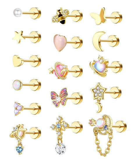 PRICES MAY VARY. 【Economical Cartilage Earrings Set】:You can get 16pcs stainless steel cartilage piercing jewelry for women with one order,including opal heart tragus earrings,dangle CZ moon tragus piercing jewelry,butterfly screw back earrings,etc.There's enough different styles to match any outfit or costume you are wearing. 【Multiple Piercing Type】:Flat back earrings contain two gauge types:20G(0.8mm) and 16G(1.2mm), screwback diameter:5mm,bar length:5mm.Different gauge types give you more we Cartlidge Earring, Cartlidge Earrings, Piercing Daith, Piercing Conch, Conch Piercing Jewelry, Daith Piercing Jewelry, Tragus Piercing Jewelry, Earrings Cartilage, Jewelry Butterfly