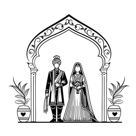 Vector indian wedding bride and groom se... | Premium Vector #Freepik #vector #engage #engagement-invitation #invitation-wedding #engagement-poster Wedding Drawing Art Sketch, Wedding Symbols Hindu, Saider Mhendi, Marriage Logo, Marriage Png, Engagement Poster, Engagement Drawing, Wedding Couple Drawing, Marriage Symbol