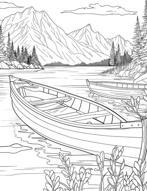 Scenery Outline Drawing, Landscape Colouring Pages, Lake Coloring Pages, Cabin Coloring Pages, Coloring Book Art Free Printable, Watercolor Coloring Pages, Coloring Pages Landscape, Mountain Coloring Pages, Boat Coloring Page