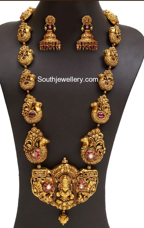 Antique Gold Peacock Nakshi Haram Temple Jewelry Necklace, Gold Peacock, Gold Temple Jewellery, Antique Gold Jewelry Indian, Temple Jewelry, Antique Jewelry Indian, Bridal Jewelry Collection, Traditional Jewellery, Jewelry Designing