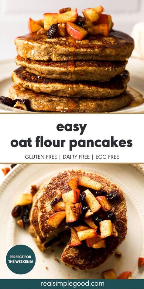 Thick & Fluffy Oat Flour Pancakes (Egg-Free) Oatmeal Flour Pancakes, Applesauce Pancakes, Egg Free Pancakes, Oat Flour Pancakes, Oatmeal Flour, Oat Flour Recipes, Oats Recipes Breakfast, Gluten Free Blueberry Muffins, Vegan Pancake Recipes