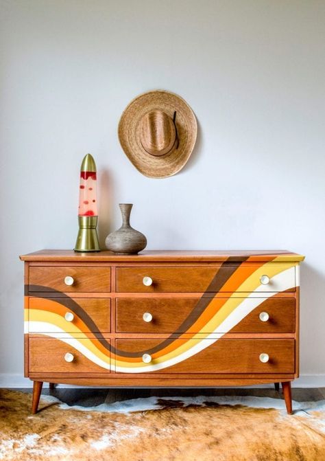 70s Dresser Painted, Two Color Dresser Makeover, Eclectic Bedroom Dresser, 70s Furniture Dressers, Eclectic Dresser Makeover, 70s Bedroom Furniture Makeover, Diy 70s Furniture, Retro Painted Dresser, Fun Painted Dresser