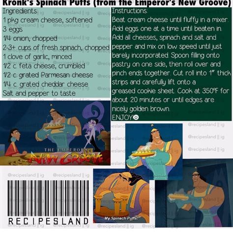 Kronk's Spinach Puffs Emperors New Groove Recipes, Spinach Puffs Kronk, Kronk Spinach Puffs, Kronks Spinach Puff, Kronks Spinach Puffs Disney Movies, Emporers New Groove Kronk, Kronk's Spinach Puffs Recipe, Spinach Puffs Recipe, Disney Cookbook