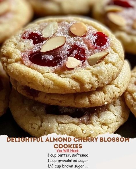 The Savory Secrets Society | Delightful Almond Cherry Blossom Cookies 🍒🍪 Almond Cherry Cookies, Cherry Blossom Cookies, Cherry Blossom Cookie, Cherry Cookies, Blossom Cookies, Yummy Desserts, 1 Egg, Cookie Jars, Granulated Sugar