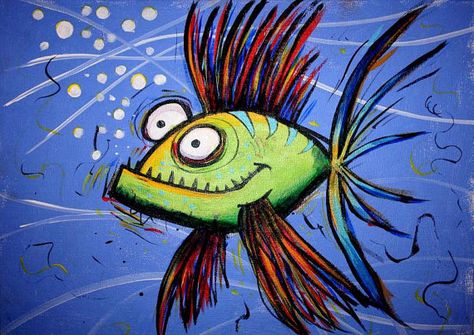 Tropical Fish Art, Fish In The Ocean, Rock Fish, Painted Shirt, Funky Fish, Bathroom Mural, Whimsical Fish, Funny Fish, Sea Turtle Art