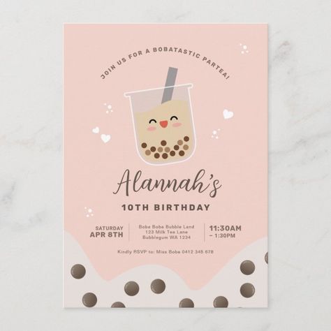 Milk Tea Clipart, Boba Party, Purple Birthday Invitations, Tea Clipart, Kawaii Boba, Tea Party Supplies, Custom Birthday Invitations, Bubble Milk Tea, Unicorn Birthday Invitations