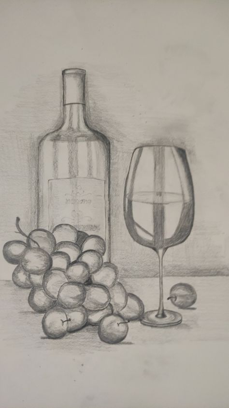 Still Life Drawing 3 Objects, Basic Still Life Drawing, 3 Objects Drawing, Still Life Drawing For Beginners Easy, Easy Still Life Drawing, Grape Drawing, Fruit Art Drawings, Ladybug Art, Easy Cartoon Drawings