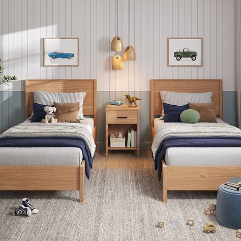 Two Twin Beds In One Room Boys, Double Twin Bed Ideas For Small Room, Kids Room Twin Beds, Boys Room 2 Twin Beds, Natural Wood Twin Bed, Twin Boy Bedroom Ideas Toddlers, Boy Twin Bedroom Ideas, Twin Bed Kids Room, Kids Room Two Beds