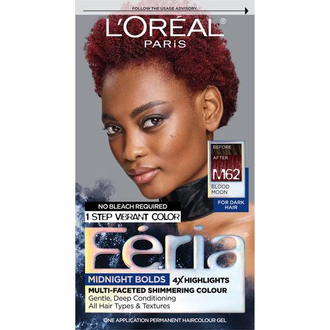 L'Oreal Paris Feria Midnight Bold Multi-Faceted Permanent One-Step Hair Color Kit, No Bleach Required, Blood Moon Red Hair Without Bleach, Feria Hair Color, Blood Red Hair, Moon Beauty, Red Hair Dye, Permanent Hair Dye, Hair Color For Women, Hair Textures, Color Kit