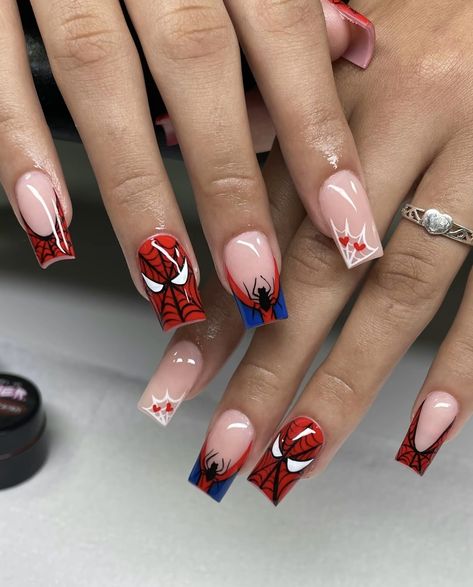 Spider Man Nails, Spiderman Nails, Marvel Nails, Man Nails, Character Nails, Halloween Press On Nails, Halloween Acrylic Nails, Nagel Tips, Nails Coffin Short