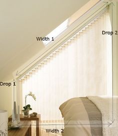 sloping vertical blind measuring instructions. These draw to the longer side so in our case to the centre. Curtain Sloped Ceiling, Curtains Sloped Ceiling, Sloped Ceiling Curtains, Vertical Blinds Makeover, Curtains Childrens Room, Sloping Ceiling, Triangle Window, Gable Window, Ceiling Curtains