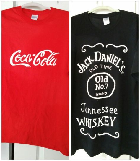 Cute couples costume i made for me and jack :) Materials: red shirt,black shirt, large white fabric paint, and a coke logo and jack daniels logo :) Jack Daniels Tshirt, Coke Logo, Jack Daniels Logo, Cute Couples Costumes, Couples Costume, Costumes Diy, Toddler Halloween Costumes, Toddler Halloween, Jack Daniels