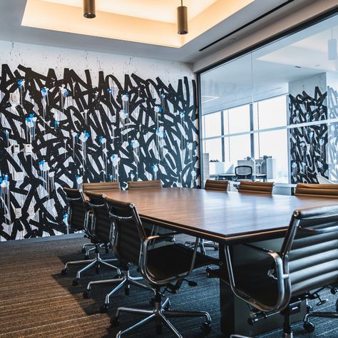 Utilizing the edgy street graffiti tag, we were able to create fine art in a corporate office environment.  This dynamic and fun wall mural idea was implemented for the Turner NY Workplace.  Reach out to us (Klughaus & Graffiti USA) for the best mural ideas for your corporate office. 646-801-6024 Murals For Office, Office Graffiti, Graffiti Office, Graffiti Interior, Office Art Wall, Urban Office, Graffiti Abstract, Secret Base, Office Mural