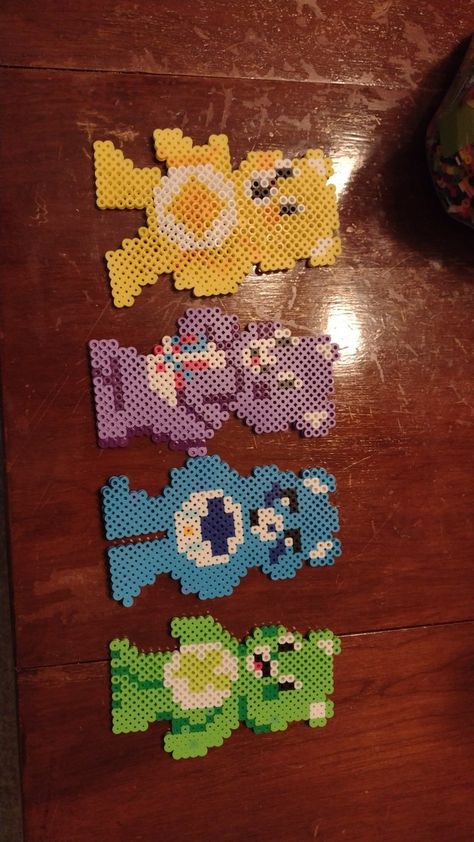 Care bears, bead Perlers, perler art Carebear Perler, Perler Gummy Bear, Perler Care Bear, Perler Bead Patterns Care Bears, Care Bear Kandi Pattern, Perler Bead Care Bears, Grumpy Care Bear, 80s Characters, Scene Core