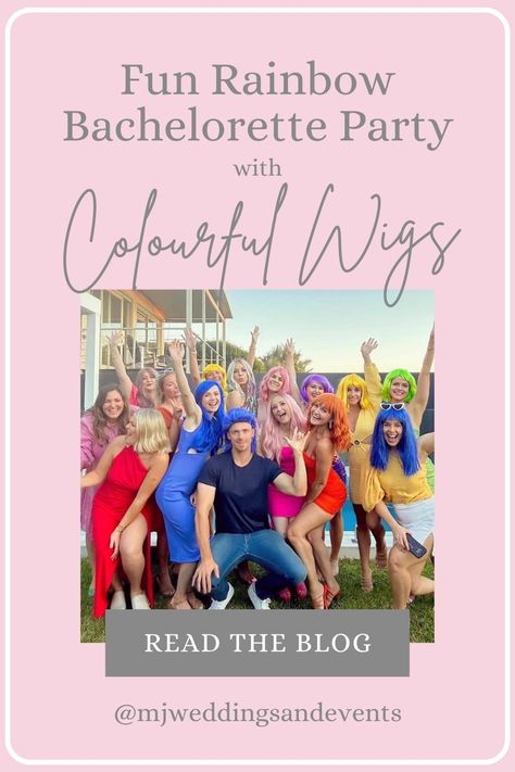 What's more fun than a bachelorette party? A rainbow-themed bachelorette party with colourful wigs! Imagine a burst of colours, laughter, and memories that last a lifetime. Say bye-bye to monotony and hello to a kaleidoscope of hues! You'll love the sassy, vibrant wigs that Hannah and friends sported at her bash. Stay tuned for some awesome hen's party ideas, and get ready to taste the rainbow! 🦄 Colourful Hens Party, Rainbow Bachelorette Party, Rainbow Bachelorette, Colourful Wigs, Alex Perry Dress, Hens Party Themes, Themed Bachelorette, Rainbow Sign, Rainbow Wig