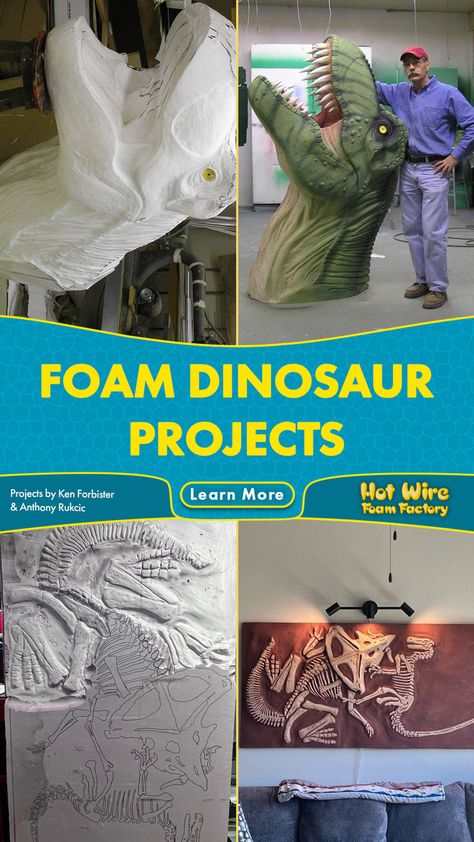 A collection of the foam sculptures, displays, and other projects featured on our gallery that bring the dinosaurs back to life! See how Hot Wire Foam Factory tools and products can bring the prehistoric to the modern age! #dinosaurart #dinosaurfossil #exhibitexhibit #tyranosaurusrex #styrofoam Hot Wire Foam Projects, Dinosaur Cave Diy, Dinosaur Cardboard Cutout Diy, Diy Dinosaur Bones, Papier Mache Dinosaur, Paper Mache Dinosaur, Diy Dinosaur Bones Fossil, Project Themes, Foam Sculpture