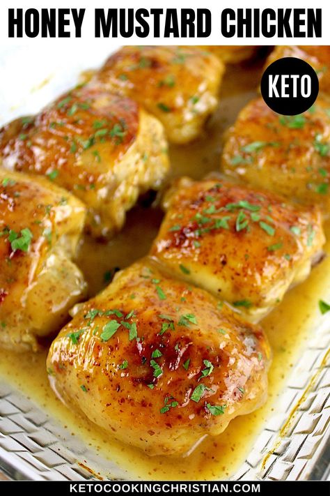 These Honey Mustard Baked Chicken Thighs are marinated in a flavorful honey mustard sauce, then baked to golden perfection. This tender and juicy mouth-watering chicken is one that the whole family will love. Hot Honey Mustard Chicken, Honey Mustard Baked Chicken, Chicken Honey Mustard, Sauce For Baked Chicken, Mustard Marinade For Chicken, Dijon Chicken Thighs, Baked Honey Mustard Chicken, Honey Mustard Chicken Thighs, Honey Baked Chicken