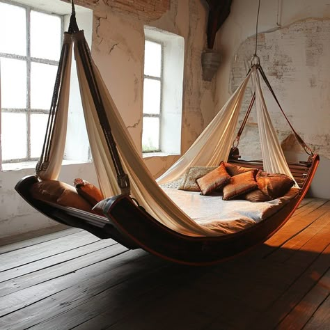 Sleeping Hammock In Bedroom, Cool Hammocks, Hanging Bed Bedrooms, Bed Hanging From Ceiling, Indoor Hammock Ideas, Hammock Bedroom, Coolest Beds, Bedroom Hammock, Fun Beds