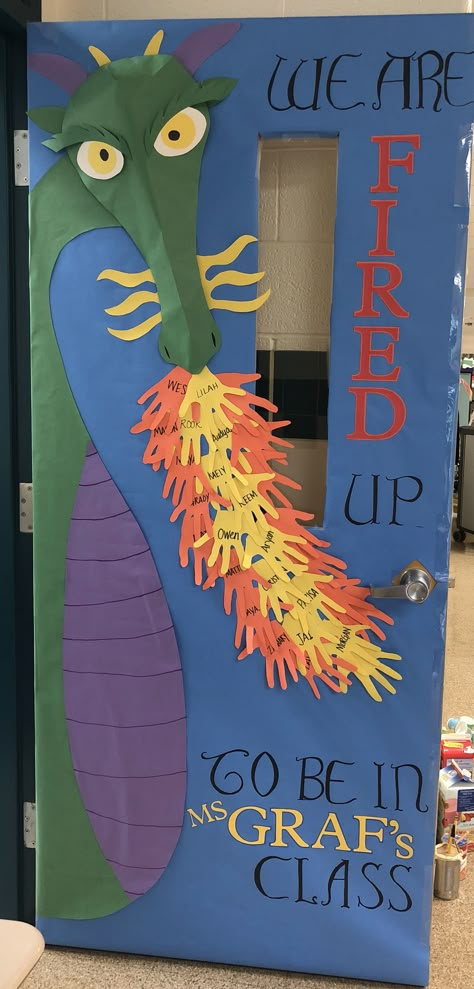 Dragon Teacher Appreciation door. Door decoration. Fired up. Art Room Door, Teacher Appreciation Door, Teacher Door Decorations, Halloween Classroom Door, Teacher Appreciation Doors, Teacher Door, School Door Decorations, Library Bulletin Boards, Teacher Doors