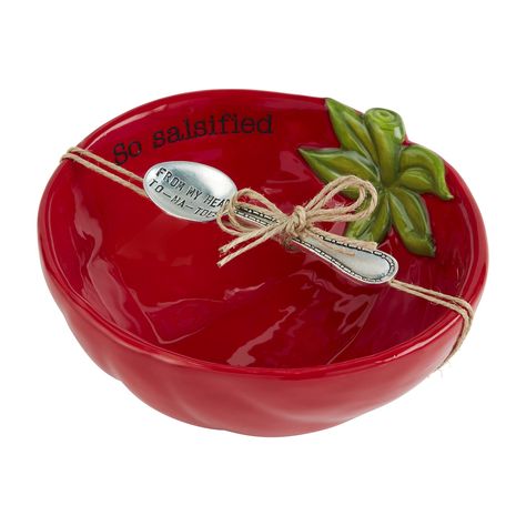 PRICES MAY VARY. Serve up your favortie salsa with this hand-painted cermaic figural dip bowl. This bowl comes in the shape of a tomato and reads "so salsified" on the left corner of the bowl. The set comes with a silver plated spoon. This piece measures dip approx 5" x 6" | spoon 3 1/2" Homemade Guac, Fiesta Dip, Salsa Bowls, Avocado Dip, Tomato Dip, Salsa Dip, The Dip, Avocado Tomato, Taco Night