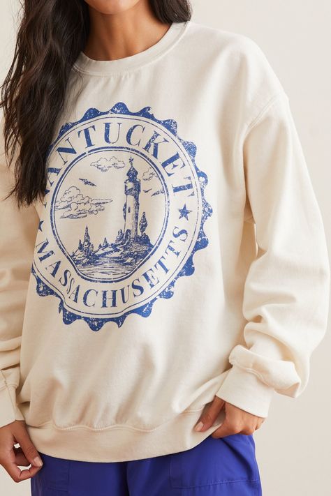 Nantucket Graphic Sweatshirt in Ivory | AS Revival Nantucket Sweatshirt, Sweatshirt Inspiration, Swimwear Trends, Embroidered Crewneck, Cozy Pullover, Graphic Inspiration, Custom Sweatshirts, Island Girl, Embroidered Sweatshirt