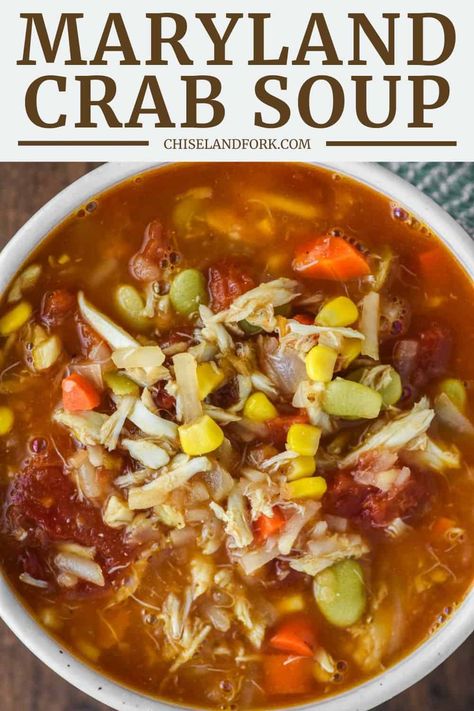 Indulge in the comforting Maryland crab soup, a rich and flavorful seafood classic, brimming with succulent crab meat and vegetables. #marylandcrabsoup #crabsoup #soup | chiselandfork.com