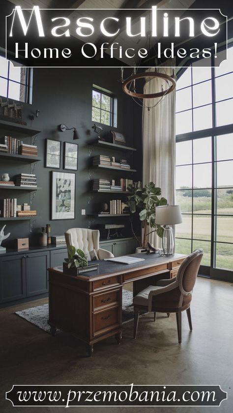 Design a masculine office with luxurious and comfortable touches. 🌿🪑⚫ Add masculine home office decor with metal accents and moody lighting. 🕯️🖋️ Include small office ideas for men that maximize space while maintaining a polished aesthetic. 🌿 It’s all about a space that exudes style and productivity. #masculineofficedecorprofessional #homeofficeideasmasculine #menhomeofficeideas #smallhomeoffices #masculinehomeofficeideas #modernmasculineoffice #masculineofficedecor #maleofficeideas Man Home Office Ideas, Small Masculine Office, Home Office Moody, Masculine Home Office Decor, Small Office Ideas For Men, Male Office Ideas, Modern Masculine Office, Man Home Office, Small Moody Office