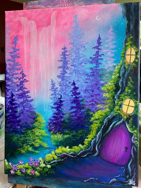 Fairy House Painting Canvas, Fantasy Landscape Acrylic Painting, Fairy Tree Painting, Acrylic Painting Whimsical, Whimsical Landscape Painting, Fantasy Paintings Acrylic, Canvas Painting Ideas Forest, Fantasy Acrylic Painting Ideas Easy, Fairy Painting Ideas On Canvas