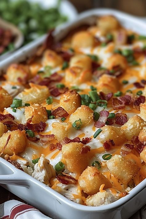 Chicken Bacon Ranch Tater Tot Casserole Bacon Ranch Tater Tot Casserole, Ranch Tater Tot Casserole, Barbecue Ranch Chicken, Chicken Tater Tot Casserole, Microwave Bacon, Ranch Sauce, Chicken Crispy, Creamy Ranch, Family Dishes