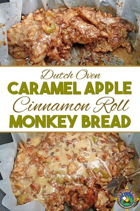 Campfire Monkey Bread, Dutch Oven Desserts, Camp Cooking Recipes, Camping Dessert Recipes, Dutch Oven Camping Recipes, Cinnamon Roll Monkey Bread, Breakfast Pizza Recipe, Dutch Oven Camping, Camping Desserts