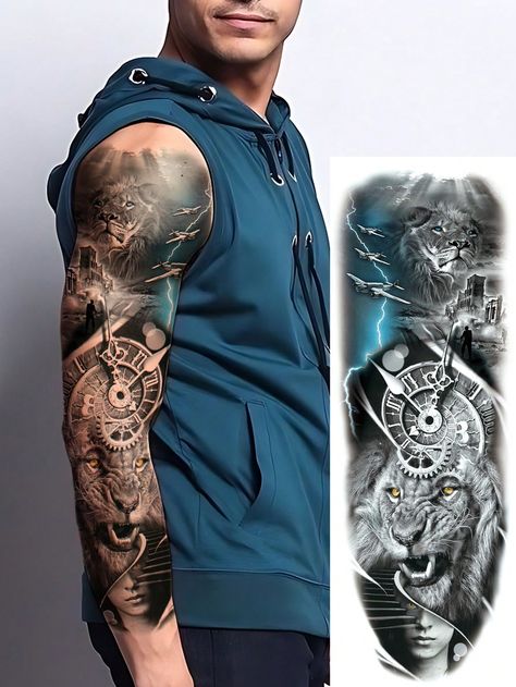 1 Sheets Extra Large Full Arm Size Body Art Temporary Tattoo Stickers For Men, Cool Style Lion Lightning Airplane Clock Pattern, Waterproof Fake Sleeves Tattoos, Lasts 2-5 Days, Covering Scars, Can Be Used On Arms Wrist Shoulders Legs Waist Neck Hand Chest Thighs Finger, Body Art Cosplay Party Gift Black    Paper     Men Grooming & Styling, size features are:Bust: ,Length: ,Sleeve Length: Airplane Clock, Temporary Tattoo Stickers, Black Paper, Tattoo Stickers, Temporary Tattoos, Temporary Tattoo, Men's Grooming, Sleeve Tattoos, Body Art